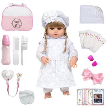 Imagem de Bebe Reborn Grande Nicole Enxoval Completo Vestido Branco - Cegonha Re
