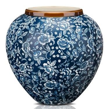 Imagem de Mimorou Vasos azuis e brancos de cerâmica vintage chinoiserie floral 21 cm H terracota floral redondo rústico vaso grande para decoração de casa centro de mesa decoração de sala de estar (Hibisco)
