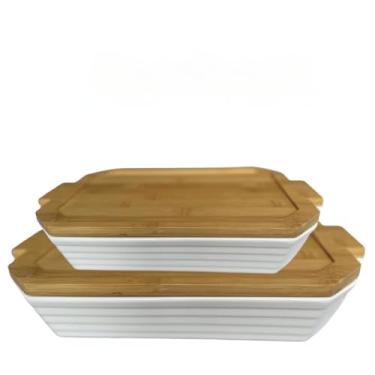 Imagem de Jogo de Travessas Branca com Tampa de Bambu Galway - 2 Unidades | Wellmix
