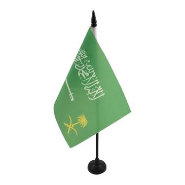 Imagem de Bandeira de mesa padrão real da Arábia Saudita 12 cm x 20.3 cm - Bandeira de mesa do Reino da Arábia Saudita 21 x 14 cm - Bastão e base de plástico preto - Drapeau Etendard Royal d'Arabie Saoudite AZ