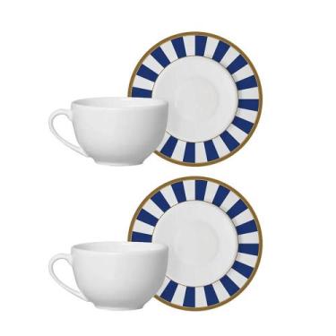 Imagem de Jogo 2 Xícara de Chá com Pires de Cerâmica Branca Stripe Azul Alleanza