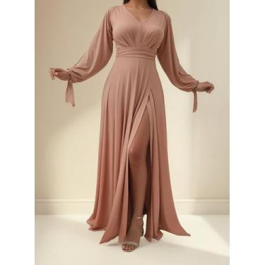 Imagem de Vestido Longo Festa Madrinha Manga Aberta Com Fenda E Decote - Casual 