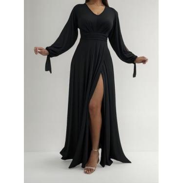 Imagem de Vestido Longo Festa Madrinha Manga Aberta Com Fenda E Decote - Casual 