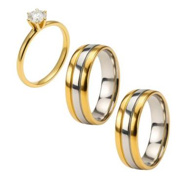 Imagem de Par Anel Ouro 18k Noivados 6mm + Anel Solitário 2mm Zirconia Casamento