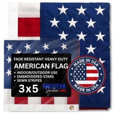 Imagem de Bandeira americana de 3 x 5 pés feita nos EUA por fabricante certificado pela FMAA. Bandeiras dos EUA para ambientes internos e externos, 91,44 cm x 1,52 m, estrelas bordadas e listras costuradas com ilhós de latão. (7,6 x 12,7 cm)