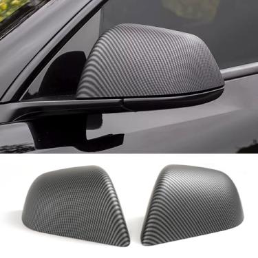 Imagem de skkyoro 2 peças de protetores de espelho para Tesla Model Y capa retrovisora, compatível com modelo Y 2021-2024 ABS tampa do espelho traseiro acessórios externos (impressão de fibra de carbono fosco