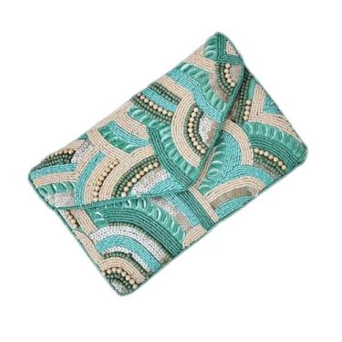 Imagem de Enliven Bolsa clutch feita à mão com contas, azul-petróleo e pêssego claro, bolsa de festa com cordão, presente para ela