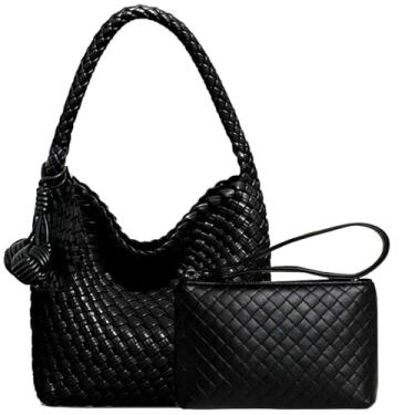 Imagem de DSGUTWO Bolsa feminina com alça superior tecida, bolsa Hobo pequena com mini bolsa, bolsa de viagem para praia, bolsa de ombro feita à mão (preta), preta, Preto