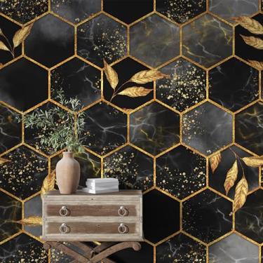 Imagem de FADALO Papel de parede preto dourado, papel de parede removível com design de favo de mel, papel de parede removível, papel de contato decorativo de luxo moderno para paredes de móveis que cobrem
