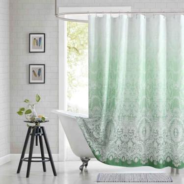 Imagem de BESTRIPES Cortina de chuveiro extralonga de 228 cm - design de renda Chantilly, poliéster pesado, verde grama a branco ombre, 183 cm L x 228 cm A