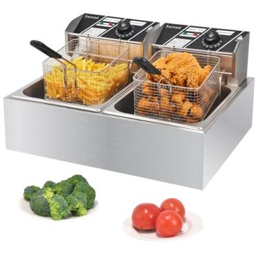 Imagem de Fritadeira comercial com cestas, 3400 W 12,7 QT/12 L de aço inoxidável grosso bancada fritadeira a óleo elétrica, grande capacidade com controlo de temperatura