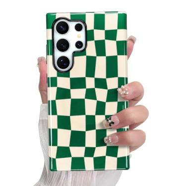 Imagem de SOKAD Capa de telefone quadriculada magnética para Samsung Galaxy S24 Ultra, estampa xadrez fofa compatível com Magsafe capa protetora brilhante com protetor de tela para meninas e mulheres, verde