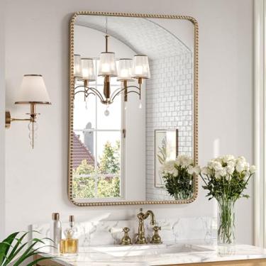 Imagem de Brauthon Espelho dourado antigo de 61 cm x 76 cm com moldura de contas, espelhos com moldura dourada para banheiro, espelho decorativo retangular de latão para vaidade ornamentado quarto sala de estar