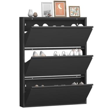 Imagem de GREATMEET Armário de sapatos com 3 gavetas dobráveis, armário de entrada de metal para entrada, organizador de sapatos estreito oculto moderno suporte de parede para sala de estar, quarto, corredor