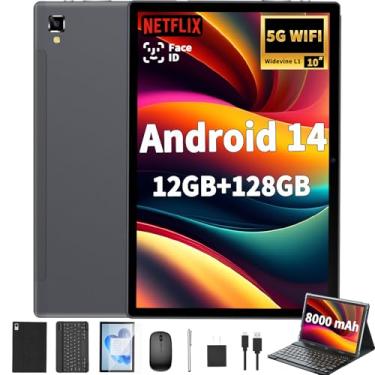 Imagem de Tablet Android 14 com teclado – tablet de 10 polegadas, 12 GB de RAM, 128 GB de ROM (1 TB de expansão), 5G/2,4 G WiFi, 8000 mAh, BT 5.0, certificado GMS, com rato, estojo, lápis, suporte