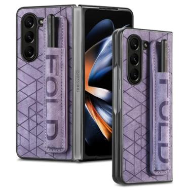 Imagem de MVVKKY Para Galaxy Z Fold 6, pulseira, capa de couro sintético, capa rígida para PC com suporte para S Pen e alça para os dedos (sem caneta) (para Galaxy Z Fold 6/roxo)