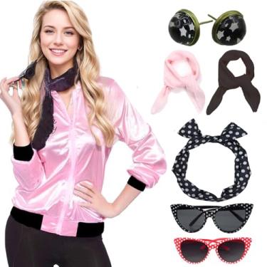 Imagem de Jaqueta retrô de cetim rosa dos anos 1950, cachecol, faixa de cabeça, óculos, cosplay, fantasia de Halloween, 6 peças, acessórios de fantasia (borda preta rosa 2, 3GG)
