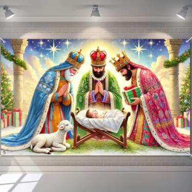 Imagem de BlissYard Banner de Natal com cenário de presépio 189 x 109 cm, três homens sábios, faixa de fundo de noite sagrada para decoração de festa religiosa de Natal, decoração de cabine de fotos de parede