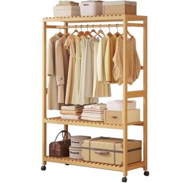 Imagem de Cabide De Roupas Bambu Armário De Guarda-roupa Aberto Com Rodas Cabide Com Organizador De Prateleiras De Armazenamento De 3 Camadas E Uma Vara Superior Para Pendurar, Light Brown, 98 * 160 * 34cm