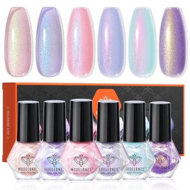 Imagem de modelones Conjunto de esmalte de unha, 6 cores, rosa, azul, dourado, roxo, verde, brilho e holográfico, secagem rápida, kit de esmalte não tóxico para salão de beleza, casa, kit de manicure faça você