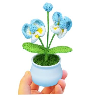 Imagem de 1 peça de flores de crochê de orquídeas artificiais azuis pequenas tricotadas com vaso para decoração de painel de carro de escritório