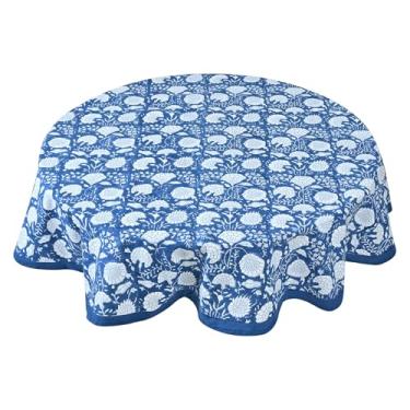 Imagem de TOSQP27 Toalha de mesa redonda de linho de algodão de 152 cm, cor azul, Dia de Ação de Graças, casamento, sala de jantar, festa, capa de mesa para mesas redondas, ambientes internos e externos, 04