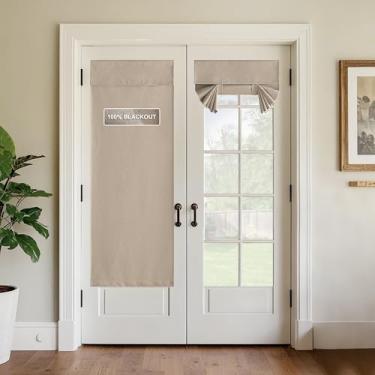 Imagem de StangH Cortina de janela de porta francesa 100% blackout de linho texturizado, adesivo com isolamento térmico, persiana de privacidade, escurecimento de quarto, cortina de amarrar para sala de estar