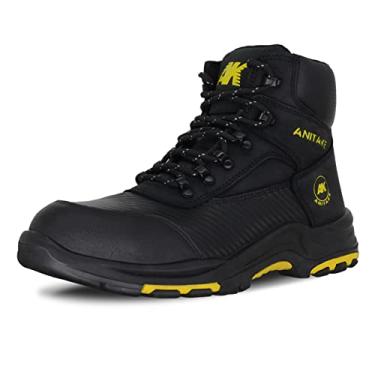 Imagem de ANITAKE Botas de trabalho masculinas com bico de aço, antiderrapante, de couro resistente, resistente à perfuração, respirável e confortável, Preto, 42