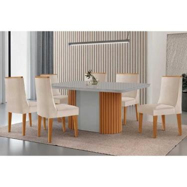 Imagem de Conjunto Sala de Jantar Pilar c/ Tampo Madeirado c/ Vidro Canto Curvo 180x90cm e 6 Cadeiras Dakota Madeira Maciça Naturale/Off White - Capuccino/Suede