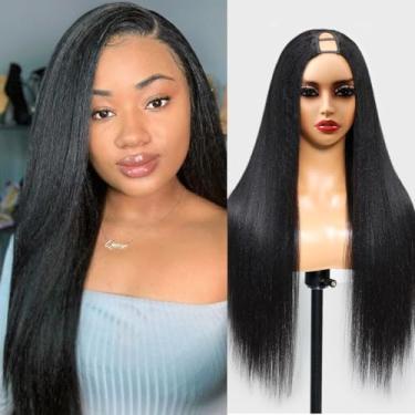 Imagem de Peruca Easicontour Yaki Lisa em U Parte Humana para Mulheres Atualização Densidade 200 Peruca Pronta para Usar Peruca Yaki Sem Cola Cabelo Humano Liso Amigável para Iniciantes Peruca de Cabelo Humano