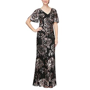 Imagem de Alex Evenings Vestido feminino longo de lantejoulas para mãe da noiva com mangas esvoaçantes de ombro vazado (tamanhos pequeno e regular), Preto, cobre, prata, 38