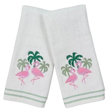 Imagem de Toalhas de mão de banheiro costeiras – Conjunto de 2 flamingos rosa bordados brancos 100% algodão e design de palmeiras verdes – 63,5 x 40,6 cm toalhas decorativas de banho e cozinha