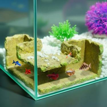 Imagem de Aiqriwv Esconderijo de rocha de resina subterrânea com furo duplo - Veja peixes em túnel de canto natural | 14 × 5 × 2,8 polegadas | Ideal para camarão, betta, plecos