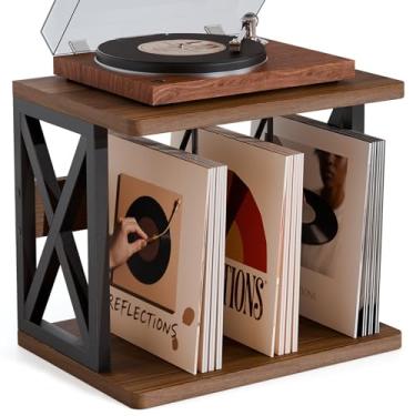 Imagem de QILICHZ Suporte para toca-discos, suporte de disco de 2 níveis, armazenamento de discos de vinil de 80 a 100 lps, mesa de toca-discos de madeira, suporte de toca-discos, prateleira de vinil para