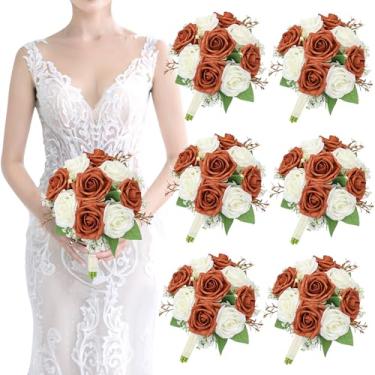 Imagem de Conjunto de 6 buquês artificiais de dama de honra - buquê de casamento laranja queimado rosa branco para bebês, 17,8 cm, buquê de noiva para casamento, chá de panela, decoração de aniversário de