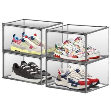 Imagem de EDS FAM Pacote com 4 caixas de armazenamento de sapatos cinza de plástico transparente empilhável para exibição de sapatos com porta magnética, montagem fácil para caber até o tamanho 13 dos EUA