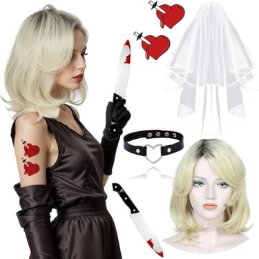 Imagem de Women's Halloween Bride Costume set Wig Tattoo Stickers Collar Knife Veil for Horror Cosplay Party Dress Up