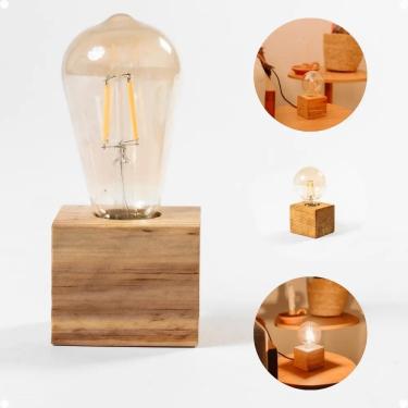 Imagem de 2X Abajur Luminaria De Mesa Cubo Madeira Maciça E27 Cabo 1,2