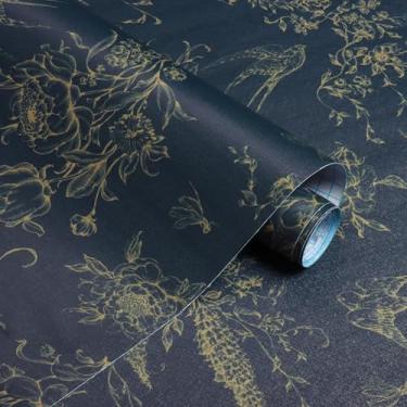 Imagem de Froluya Papel de parede floral pássaros descascar e colar papel de contato azul escuro 43 cm x 300 cm vintage floral autoadesivo removível flores pássaros papel de parede para banheiro cozinha