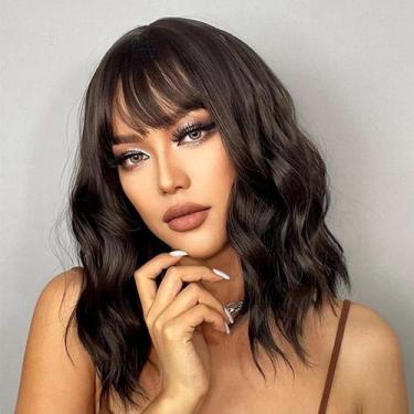 Imagem de Peruca andromeda Brown Wavy Short Bob 36cm com franja 180g