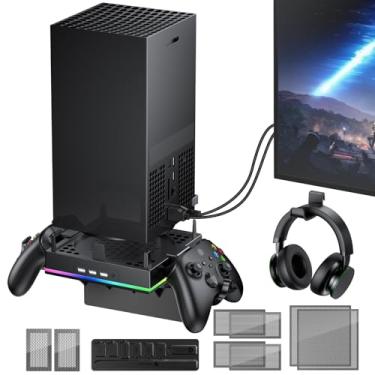 Imagem de Suporte de parede para Xbox Series X - Prateleira resistente carrega até 10 kg, ventilação integrada, RGB, 3 portas USB, evita quedas, 2 suportes, suporte de fone de ouvido e kit de capa contra poeira