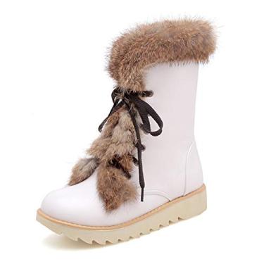 Imagem de Bigfanshu Botas femininas de inverno com plataforma antiderrapante de pele femininas impermeáveis no tornozelo botas de neve quentes sapatos de salto anabela moda ao ar livre para ocasiões de abertura com gancho e laço botas de combate acima do joelho, Branco, 37 BR