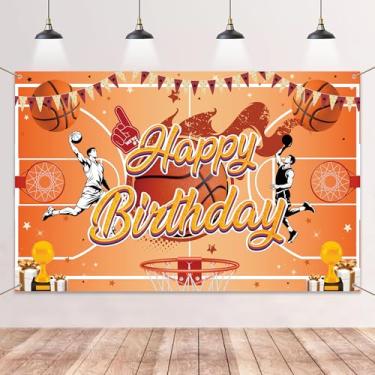 Imagem de Banner de fundo de feliz aniversário de basquete - decorações de festa com tema esportivo com placa de feliz aniversário, fundo de foto de vinil grande para festa de basquete, adolescentes e adultos
