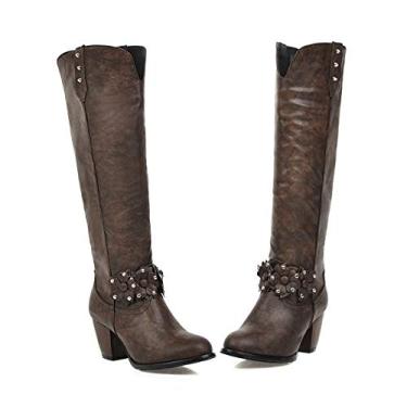 Imagem de Bigfanshu Botas femininas até o joelho outono e inverno grossas com salto alto tamanho grande flores de altura, Cáqui, 45 M EU