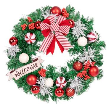 Imagem de Guirlandas de Natal para decoração externa da porta da frente, 50,8 cm, enfeites de bola de doce de hortelã-pimenta, ramos de pinheiro, decorações de guirlanda artificial de inverno com laço, placa