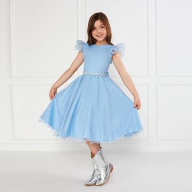 Imagem de Vestido Glitter Azul Claro Manga Godê De Festa Infantil Rodado - JL Ki