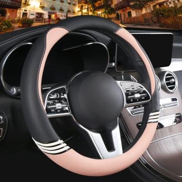 Imagem de Binsheo Capa de volante fofa de 35,5 cm para mulheres e homens, couro sintético e fibra de carbono, preta e rosa