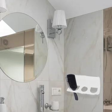 Imagem de 2 suportes de pente de banheiro, suporte de escova de cabelo, organizador de ferramentas de armazenamento com três orifícios, suporte de ferramentas quentes para banheiro, organizador de escova de