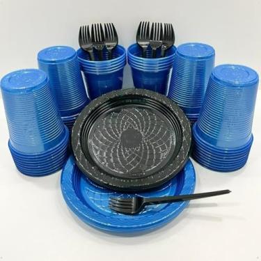 Imagem de Kit 300 Itens Festa Aniversário Descartáveis Plástico Colorido Perolado 100 Pessoas Completo Pratinho Garfinhos Copos (Azul Perolado Preto)