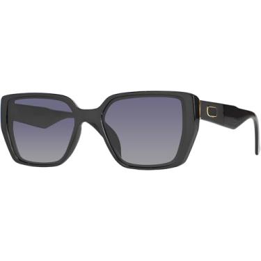 Imagem de Óculos de Sol Feminino Quadrado Original Preto Casual Polarizado Detalhes Metal Dourado UV400 Village Heaven 6466